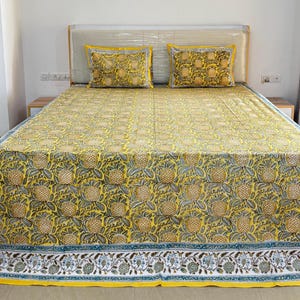 Jaipur Hand-Block Print Bedsheet with Pillow Cover, Traditional Indian Bedspread, Luxury Queen Bedding Set, Cotton Flat Sheet Bedroom Decor