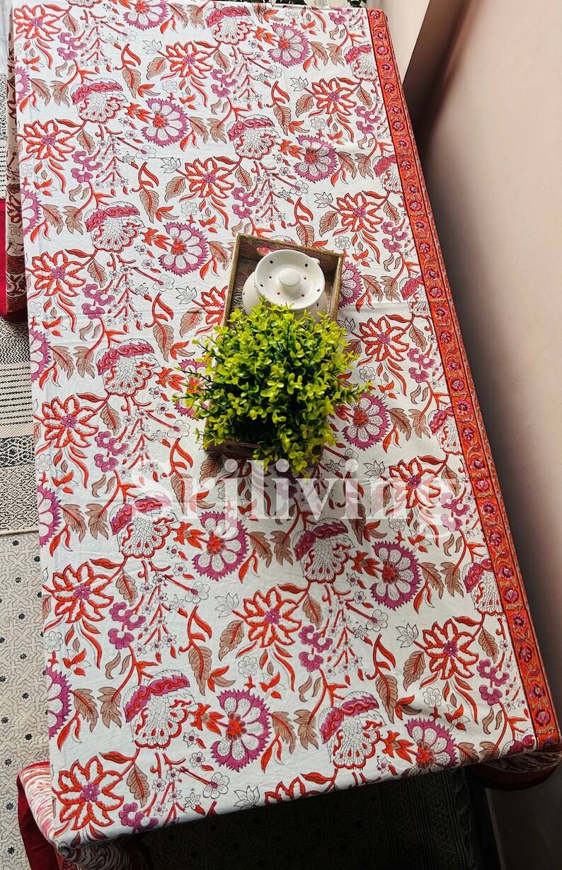 Jaipuri Print Table Cloth Indian Handmade Table Linens, Flower Block Print TableCloth Kitchen Table Cover, Dinning Cover, Farmhouse Decor image 7