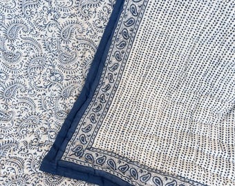 Antique Blue Paisley Design Quilt, Hand Block Print Cotton Quilt, Lightweight Oversized Blanket, Gifts