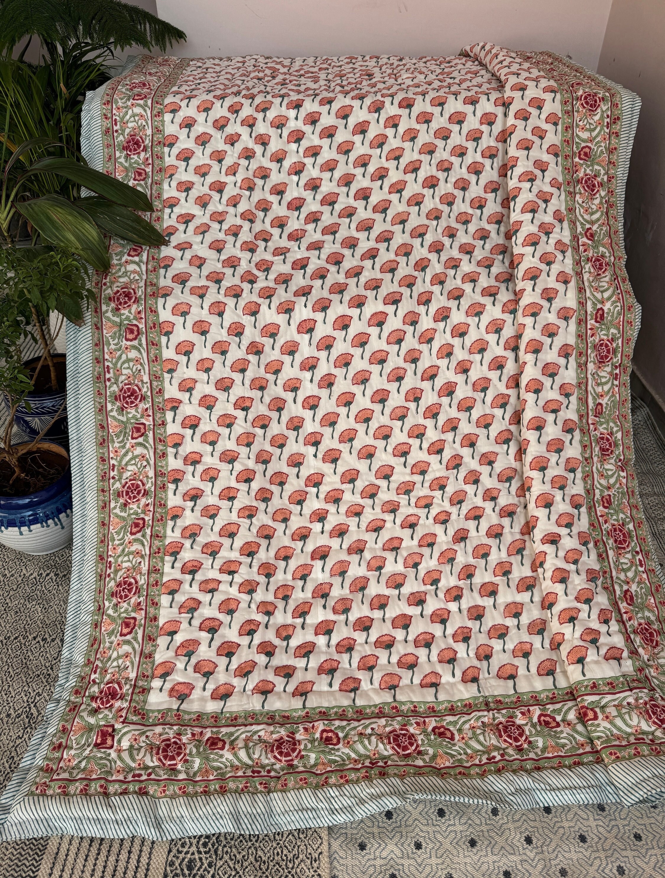 Floral Block Print Kantha Quilt: Reversible Indian Cotton