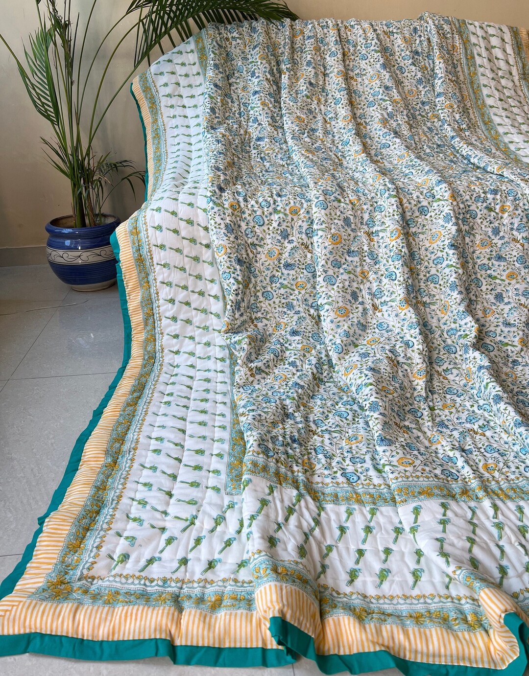 India Hand Block Bird Print Quilt Indian Handmade Cotton Floral Quilt