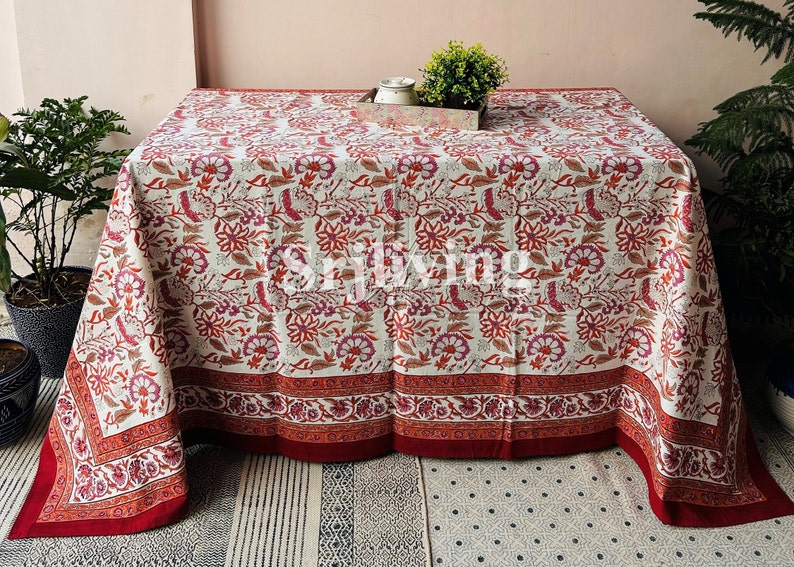 Jaipuri Print Table Cloth Indian Handmade Table Linens, Flower Block Print TableCloth Kitchen Table Cover, Dinning Cover, Farmhouse Decor image 2