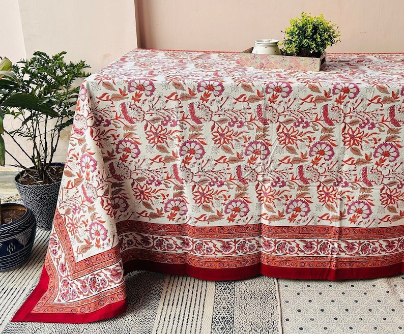 Jaipuri Print Table Cloth Indian Handmade Table Linens, Flower Block Print TableCloth Kitchen Table Cover, Dinning Cover, Farmhouse Decor image 1