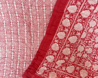 Jaipur Hand Block Printed Quilt: Reversible Red Floral Cotton Queen Bedspread