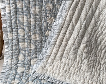 Anokhi Dusty Blue Cotton Quilt, Jaipur Hand Block Printed Quilt, Reversible Floral Ruffle Bedding