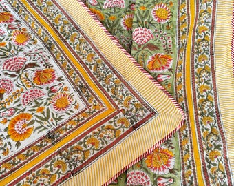 Hand Block Printed Floral Dohar Quilt: Reversible Cotton Comforter