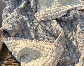 Cottage Style Floral Block Print Quilt, Anokhi Lightweight Ruffle Cotton Quilt, Handmade Indian Blanket
