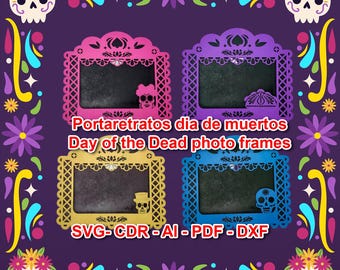 May include: Four colorful Day of the Dead photo frames in pink, purple, yellow, and blue, each with a unique skull design. The frames are surrounded by decorative floral and skull motifs on a purple background. Text reads "Day of the Dead photo frames".