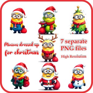 Może przedstawiać: Siedem cyfrowych obrazów żółtej postaci Minionka ubranego w różne świąteczne stroje. Minionek nosi strój Świętego Mikołaja, strój renifera, strój elfa, strój choinki i inne świąteczne stroje. Obrazy są w wysokiej rozdzielczości i idealnie nadają się do cyfrowego scrapbookingu, rękodzieła lub innych kreatywnych projektów.