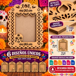 May include: A laser-cut wooden picture frame featuring intricate decorative borders and a skull motif. The frame measures 7.87 inches by 5.90 inches with a thickness of 0.125 inches. The set includes six unique designs for laser cutting.