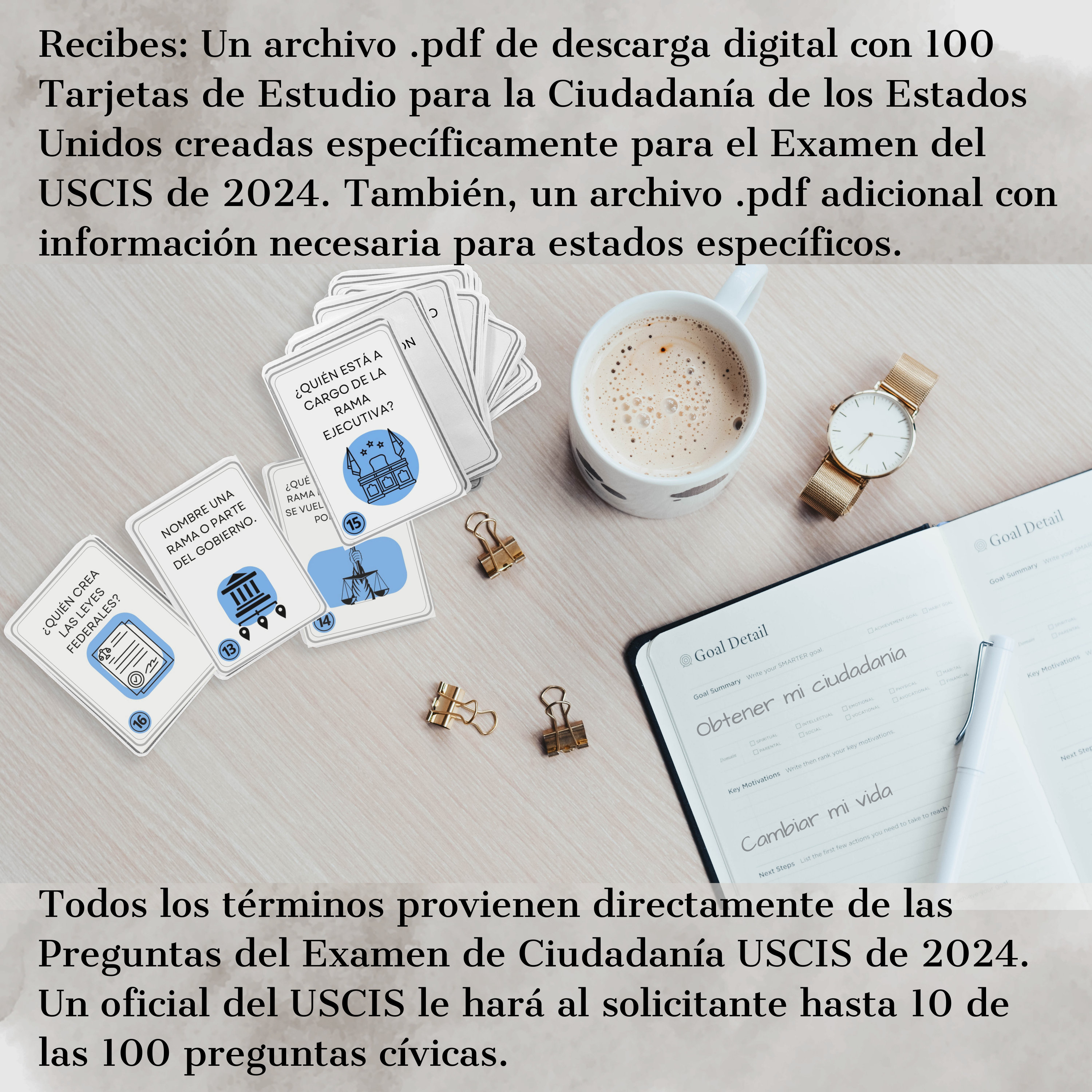 Spanish US Citizenship Flashcards, USCIS, 2024, Digital Download, US