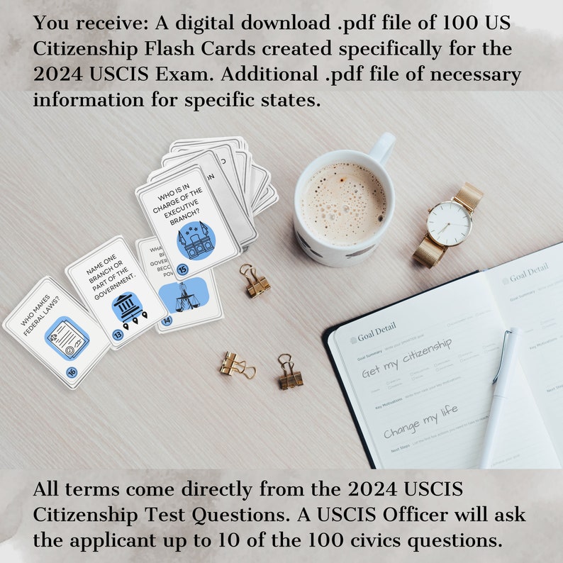 US Citizenship Flashcards, USCIS, 2024, Digital Download, US