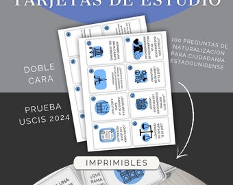 May include: A set of printable flashcards for studying for the US Citizenship test. The flashcards are blue and white with black text and icons. The text on the flashcards includes questions about the US government, the Declaration of Independence, and the US Constitution. The text "100 Preguntas de Naturalización para Ciudadanía Estadounidense" is at the top of the image.