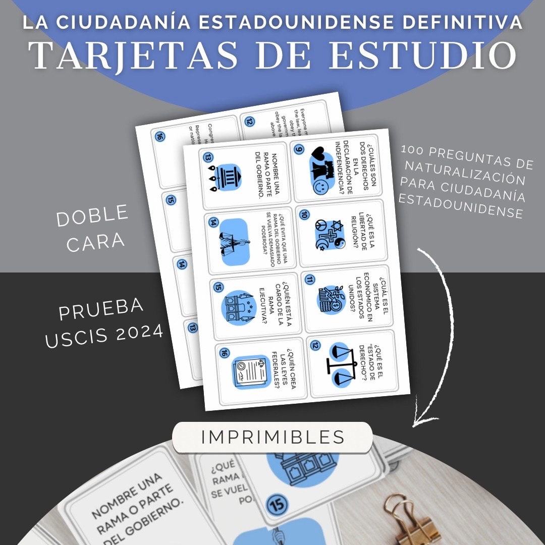 Spanish US Citizenship Flashcards, USCIS, 2024, Digital Download, US