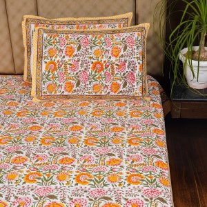 Hand Block Printed Floral Bed Cover With Two Pillowcase,Queen Size Cotton Bed Sheet, Vintage Bedding Flat Sheet, Fitted Sheet, Bedroom Decor