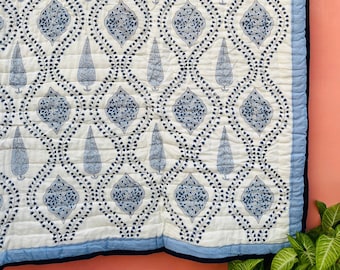 Jaipuri Block Print Cotton Quilt,Reversible Indian Quilt Razai Bedspread, Handmade Floral Comforter
