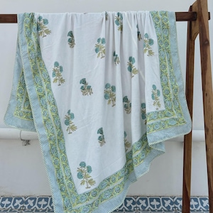 Jaipuri Block Printed Quilt, Reversible Floral Queen Size Luxury Quilts, Boho Comforter Ac Dohar
