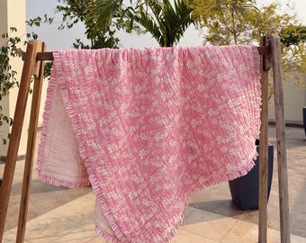 Hand Block Printed Cotton Quilt Reversible Floral Bedspread Pink Quilt With Frill Edge Throw