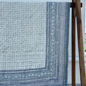 May include: A white and blue cotton quilt with a geometric pattern. The quilt has a border with a floral design. The quilt is folded and draped over a wooden stand.