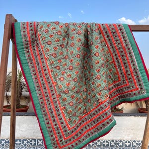 Indian Cotton Quilted Razai, Handmade Floral Block Printed Quilt, Queen Size Blanket, Bedding Quilt Cozy Comforter, Throw Cotton Bedspread