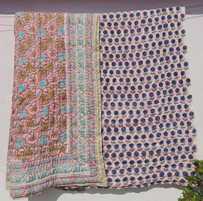 Block Printed Cotton Quilt, Reversible Floral Queen Size Comforter ...