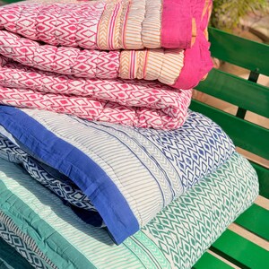 Block Print Cotton Quilt, Reversible Queen Size Geometric Pattern Quilts, Boho Luxury Bedding Set
