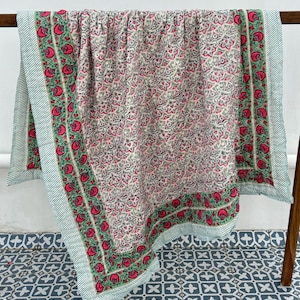 Indian Block Printed 100% Pure Cotton Quilt Reversible Floral Queen Size Bedspread Handmade Throw Blanket For Bedding Comforter Home Decor