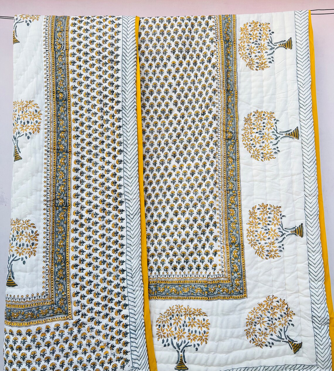 Handmade Indian Kantha Quilt Queen Size - Reversible Cotton Razai Bedspread, Boho Patchwork, Orange