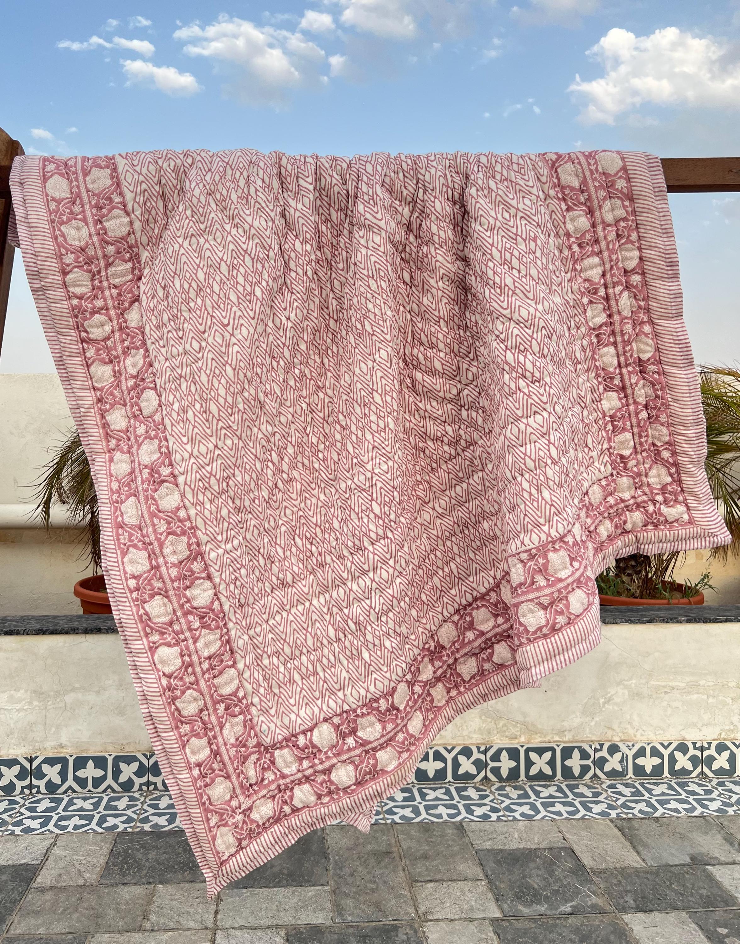 Hand Block Print Quilt Indian Reversible Jaipuri razai Cotton Voile Handmade Floral Quilt Jaipuri Quilt Comforter Quilted Throw Blanket