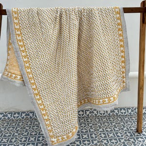 Hand Block Printed Cotton Quilt: Reversible Floral Bedspread Handmade King Size Bedding Throw Blanket