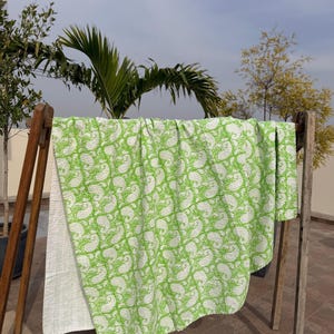 Hand Block Print Cotton Quilt, Green Floral Kantha Throw Blanket, Queen Size Bedding