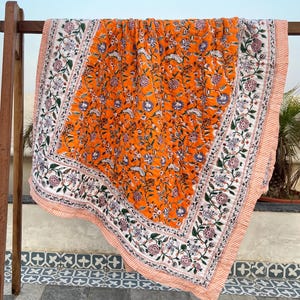 Indian Block Print Queen Size Quilt, Reversible Floral Bedspread, Handmade Cotton Bedding Comforter, Bohemian Throw Coverlet, Bedroom Decor