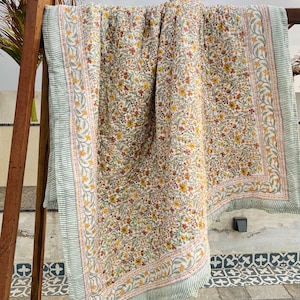 Handmade Reversible Floral Quilt Indian 100% Cotton Block Printed Quilt Jaipuri Quilts King Comforter