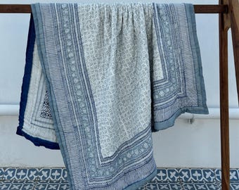 Hand Block Printed Cotton Quilt: Reversible Floral Quilt Jaipuri Razai Handmade Queen Size Comforter, Soft Summer Blanket, All Season Quilt