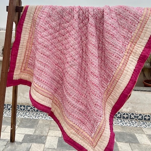 Pink Block Printed Cotton Quilt, Handmade Geometric Throw Bedspread, Summer Queen Size Bed Blanket, Reversible Bedding Comforter, Home Decor