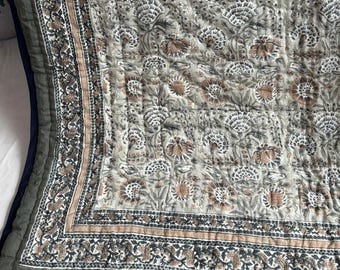 Hand Block Printed Cotton Quilt Indian Reversible Kantha Bedspread Jaipur Quilt Bedding Throw Blanket