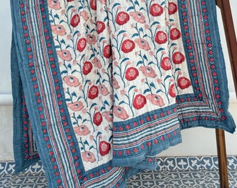 Hand Block Printed Cotton Quilt Reversible Floral Quilt Jaipuri razai, Handmade Kantha Bedspread Comforter