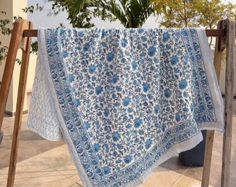Blue Cotton Quilt,Indian Hand Block Printed Quilt Bedspread, Floral Comforter, Soft Summer Blanket home decor