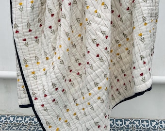 Hand Block Print Cotton Quilt Handmade Floral Blanket Reversible Queen Bedspread Boho Kantha Quilt