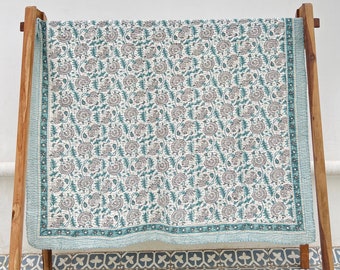 Indian Kantha Quilt,Reversible Cotton Gudari,HandBlock Print Bedding,Lightweight Blanket,Handmade Kantha Stitched Quilt,Queen Size Bedspread