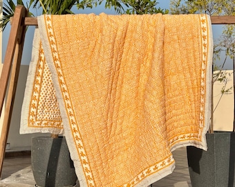 Handmade Block Print Cotton Quilt,Reversible Floral Jaipuri Razai Queen Size Throw Blanket Bedding