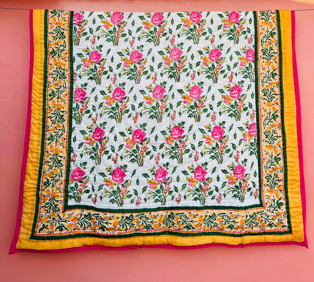 New Hand Block Print Cotton Quilt Reversible Indian Quilt New Floral