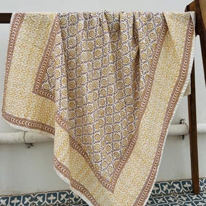Kantha Stitch Pure Cotton Quilt,Handmade Queen Size Quilt, Bohemian Floral Blanket, Hand Block Printed Quilt,Kantha Coverlet Throw Bedding