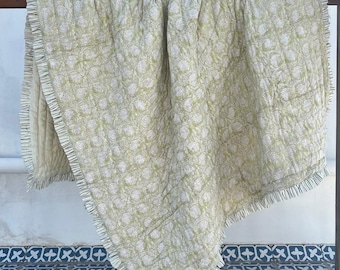 Jaipuri Hand Block Print Cotton Quilt Reversible Bohemian Floral Bedspread Throw Bedding Set