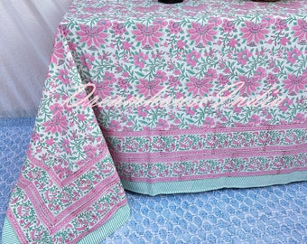 Jaipuri Print Table Cloth Indian Handmade Runner,Pink Floral  Block Print Table Cloth Indian Kitchen Table Cover, Dinning Cover