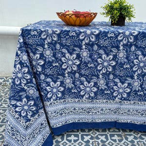 Indian Hand Block Printed Rectangle Tablecloth, Cotton Table Cover, French Tablecloth, Blue Floral Tablecloth  Kitchen Housewarming gifts