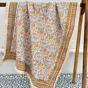 Indian Hand Block Printed Cotton Quilt, Reversible Floral Blanket,Handmade Vintage Quilts Boho Twin Size Bedding Coverlet Oversized Quilt