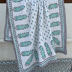 Indian Block Printed Quilt, Handmade Soft Cotton Bedspread, Floral Queen Size Comforter, Reversible Throw Bedding Cover, Unique Home Decor