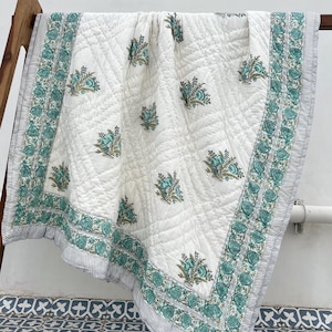 Indian Block Printed Cotton Quilt,Reversible Floral Bedding Blanket,Handmade Throw Soft Bedspread,Cozy Comforter,Queen Size Quilt For Sale