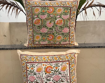 Indian Hand Block Print Cotton Bohemian Floral Pillow Cover Decorative Cushion Cover 24X24&quot; Neutral Throw Pillow 18x28&quot; Designer PillowCover